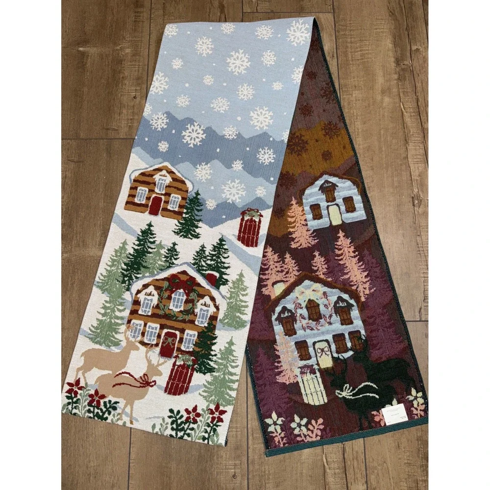 Christmas Cabin Snowflake Table Runner Winter Scene‎ Decor vintage holiday